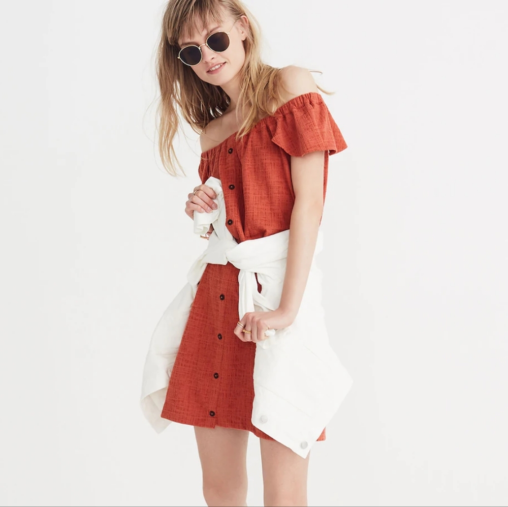Madewell Orange Texture Flutter Sleeve Off The Shoulder Mini Dress Size Medium